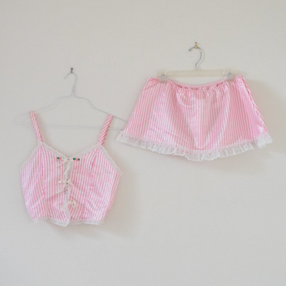SHANNON LEE Vintage Pink & White Stripe Satin Lace Trim 2 Piece Lingerie |Size S